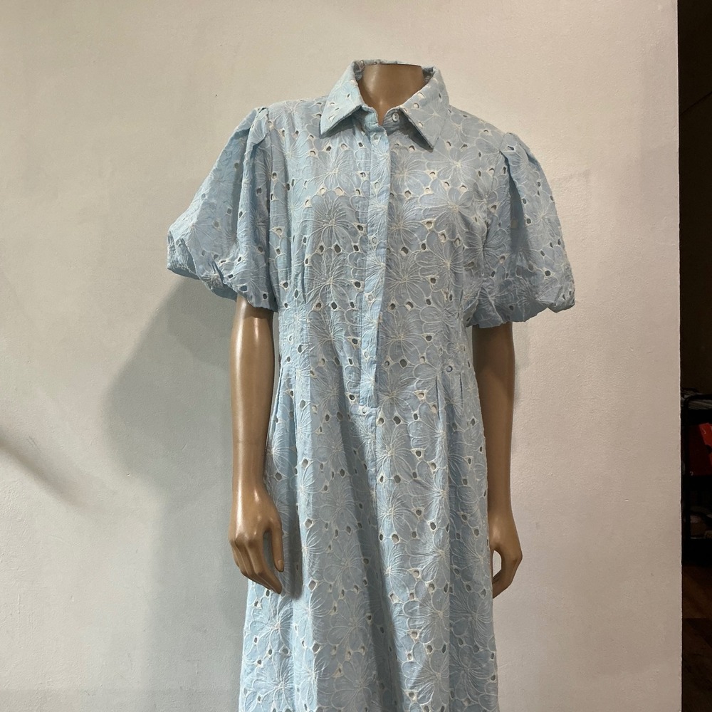 Tuckernuck Delaney Light Blue Eyelet Puff Sleeve Maxi Dress Boho XL